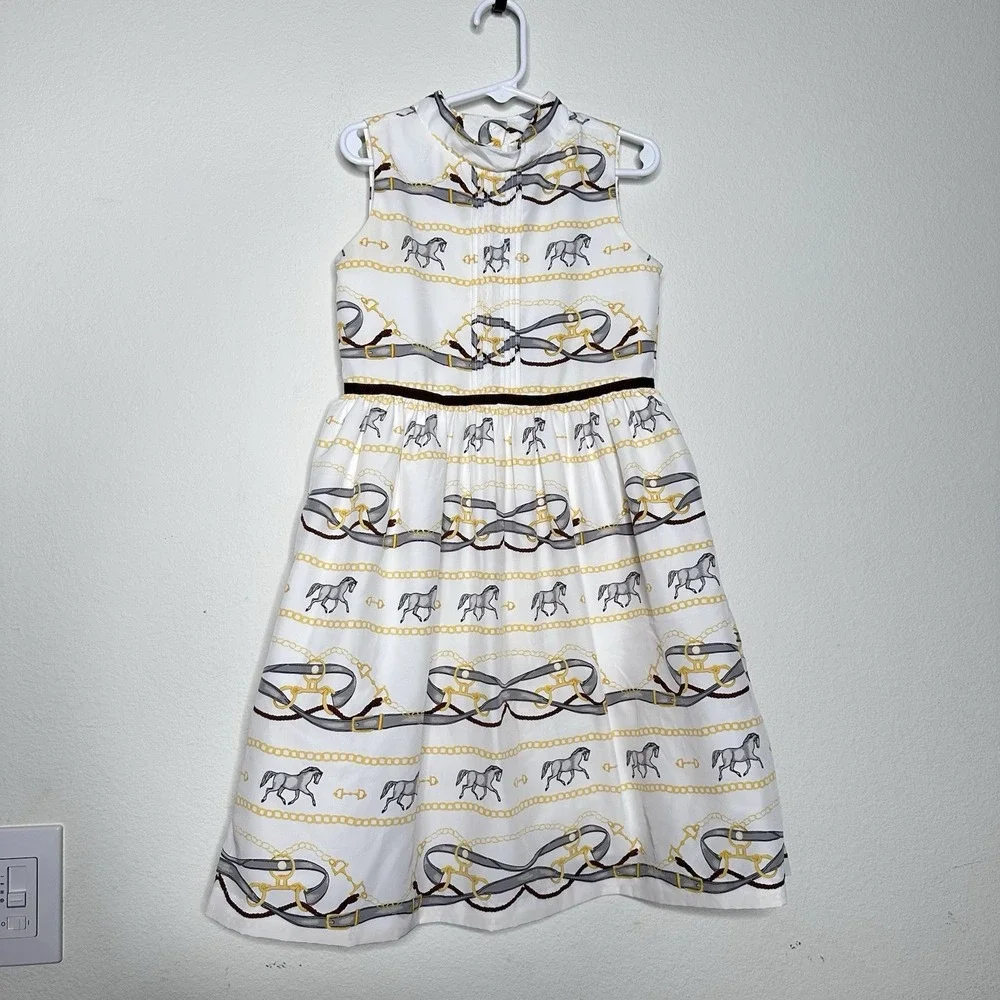Janie And Jack Girls Sz 6 Equiestrian Dress Jet Ivory Horse Scarf Dress